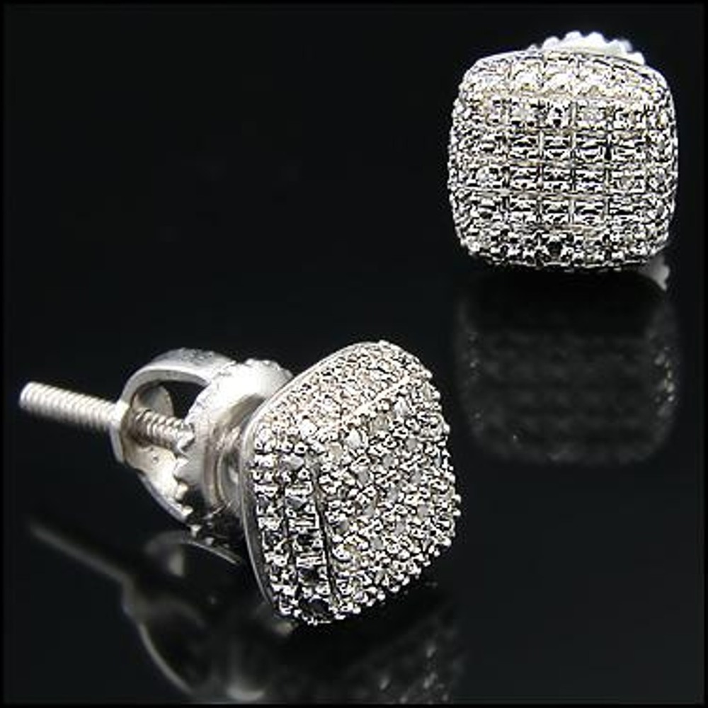 Mens 14K White Gold Over Sterling Silver Diamond Stud Earrings 0.05 CTW Round